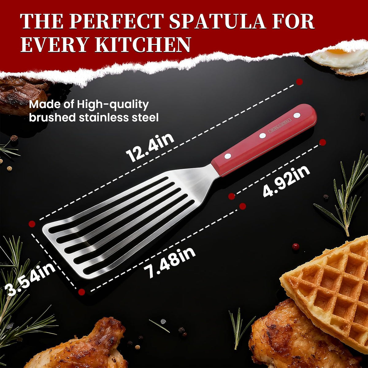 GRILLGEN Fish Spatula Stainless Steel -12.4" Metal Slotted Turner with Full Tang Red Handle, Ultra-Thin Flexible Fish Flipper for Cast Iron Skillet & Grilling, Flipping Eggs & Pancakes, Heavy Duty