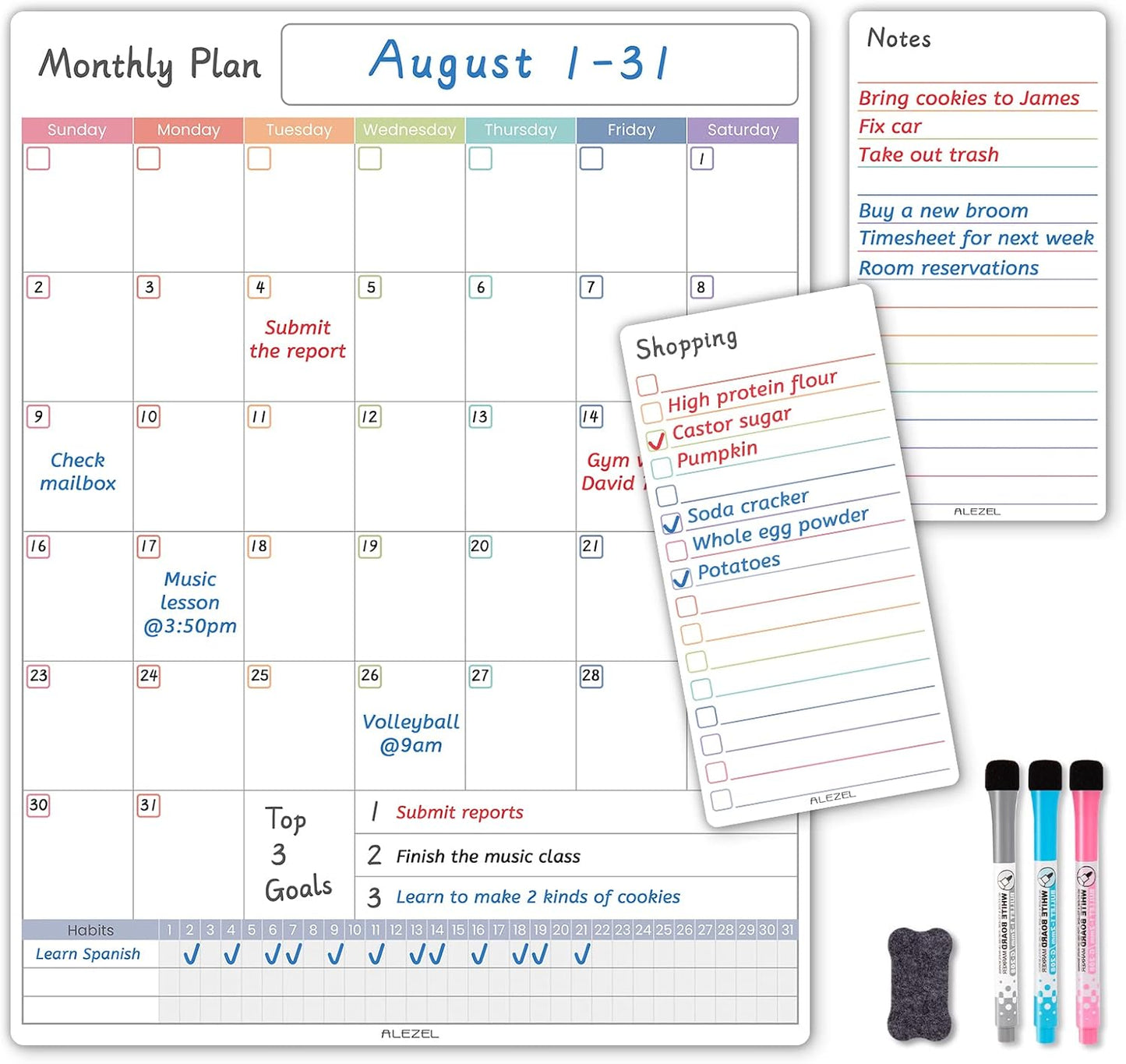 ALEZEL Magnetic Dry Erase Calendar for Fridge, Greenery Monthly Fridge Calendar Whiteboard Set - Vertical Monthly Calendar for Refrigerator, Grocery & to Do List White Board, 3 Markers + Eraser