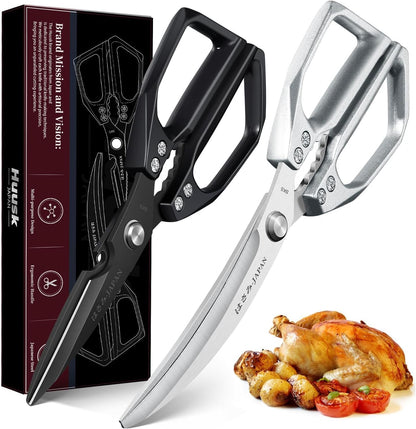 HUUSK Kitchen Scissors Set Silver - Stainless Steel Kitchen Shear, Sharp Meat Scissors, Heavy Duty Poultry Shears, Japanese Cooking Scissor for Food, Gifts for Men Women