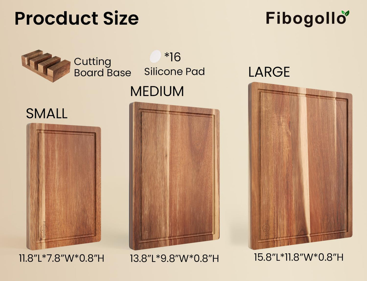 Fibogollo Acacia Wood Cutting Boards for Kitchen(Set of 3),Wooden Chopping Boards Set with Juice Groove,Serving Board with Holder,Butcher Block for Meat,Vegetables,Fruit