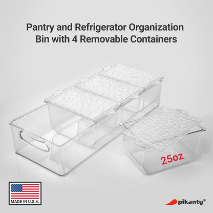 Pikanty Clear Refrigerator Organizer Bin with Handles — 11 Inch Compact Stackable Fridge and Pantry Storage Container for Snacks, Yogurt, Condiments, Dishwasher Safe, Made in USA