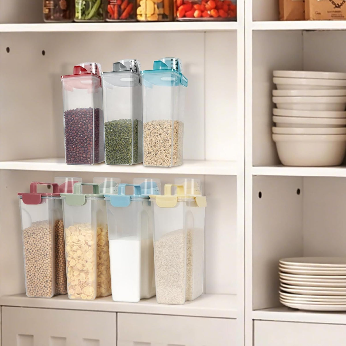 LEAWALK Airtight Rice Storage Container, 3-5Lbs Cereal Dry Food Flour Bin, Pet Dog Cat Food Dispenser with Measuring Cup, BPA Free Plastic Kitchen and Pantry Organization Bin for Sugar-Clear Grey