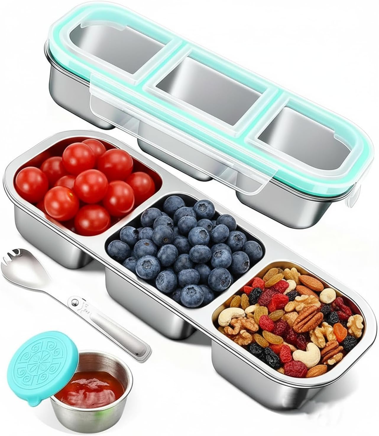 Snack Containers with Airtight Lids Reusable Stainless Steel 3-Compartment Metal Bento Lunch Box for Adults, Divided Food Storage Lunchable Meal Prep Containers, Snack Box with Spoon Sauce Jar