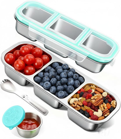 Snack Containers with Airtight Lids Reusable Stainless Steel 3-Compartment Metal Bento Lunch Box for Adults, Divided Food Storage Lunchable Meal Prep Containers, Snack Box with Spoon Sauce Jar