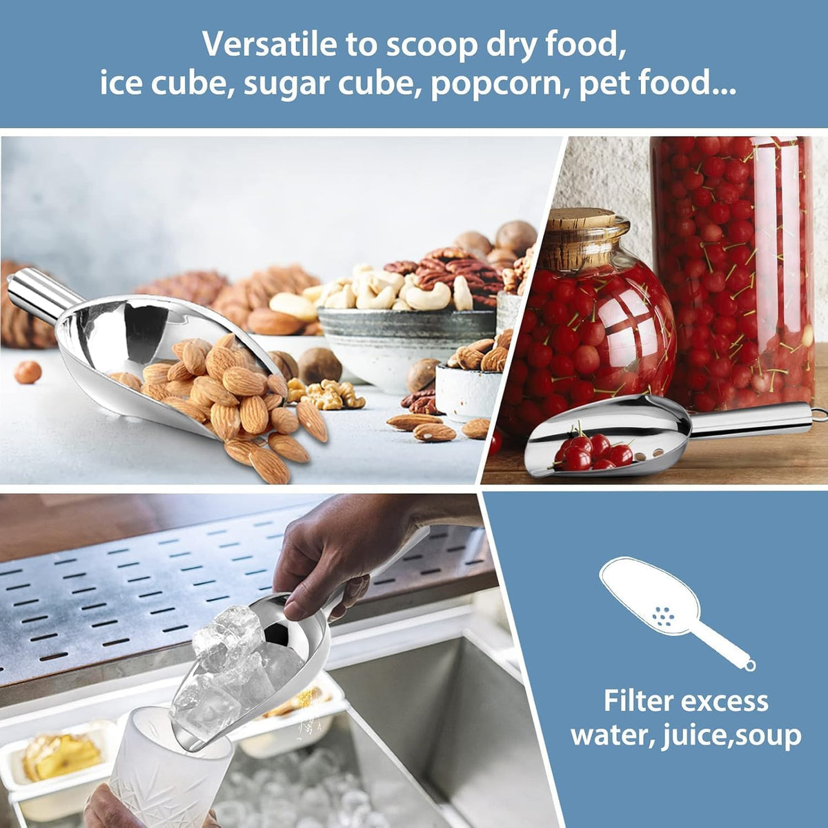 E-far Ice Scoops with Holes, 2 Pcs 6 Oz Stainless Steel Scoops for Freezer