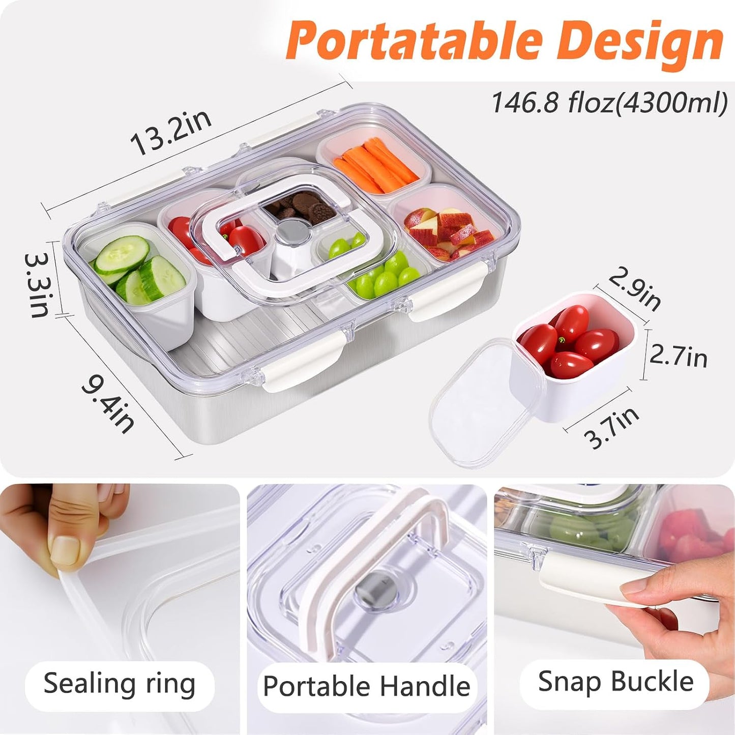Snackle Box Container,Dishwasher Safe Snack Tray with Lid,Stainless Steel Divided Serving Tray with Lid,8 Compartments with Transparent Lids,Perfect for Travel Party