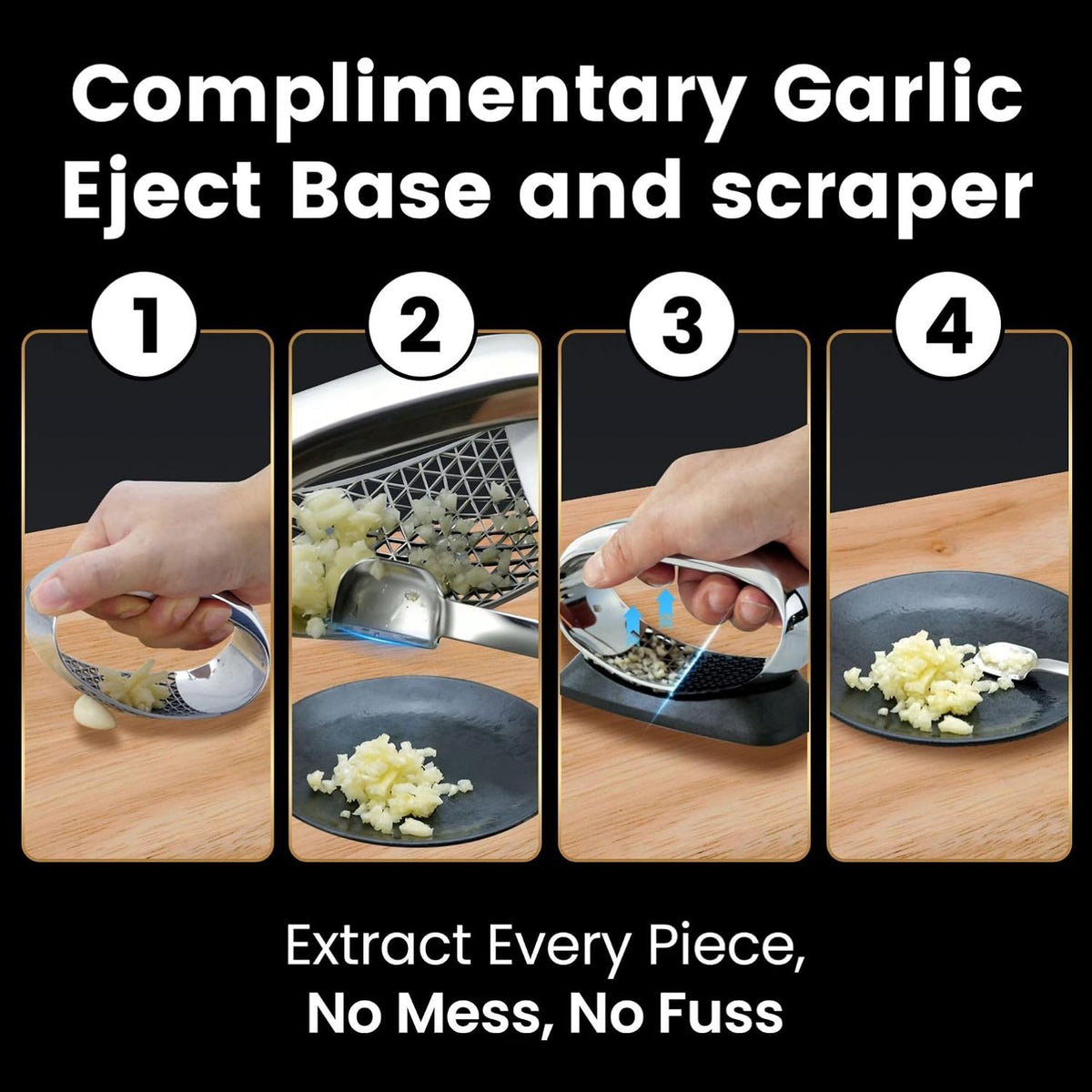 Gourmet Easy Stainless Steel Garlic Press Rocker with Eject Base & Scraper