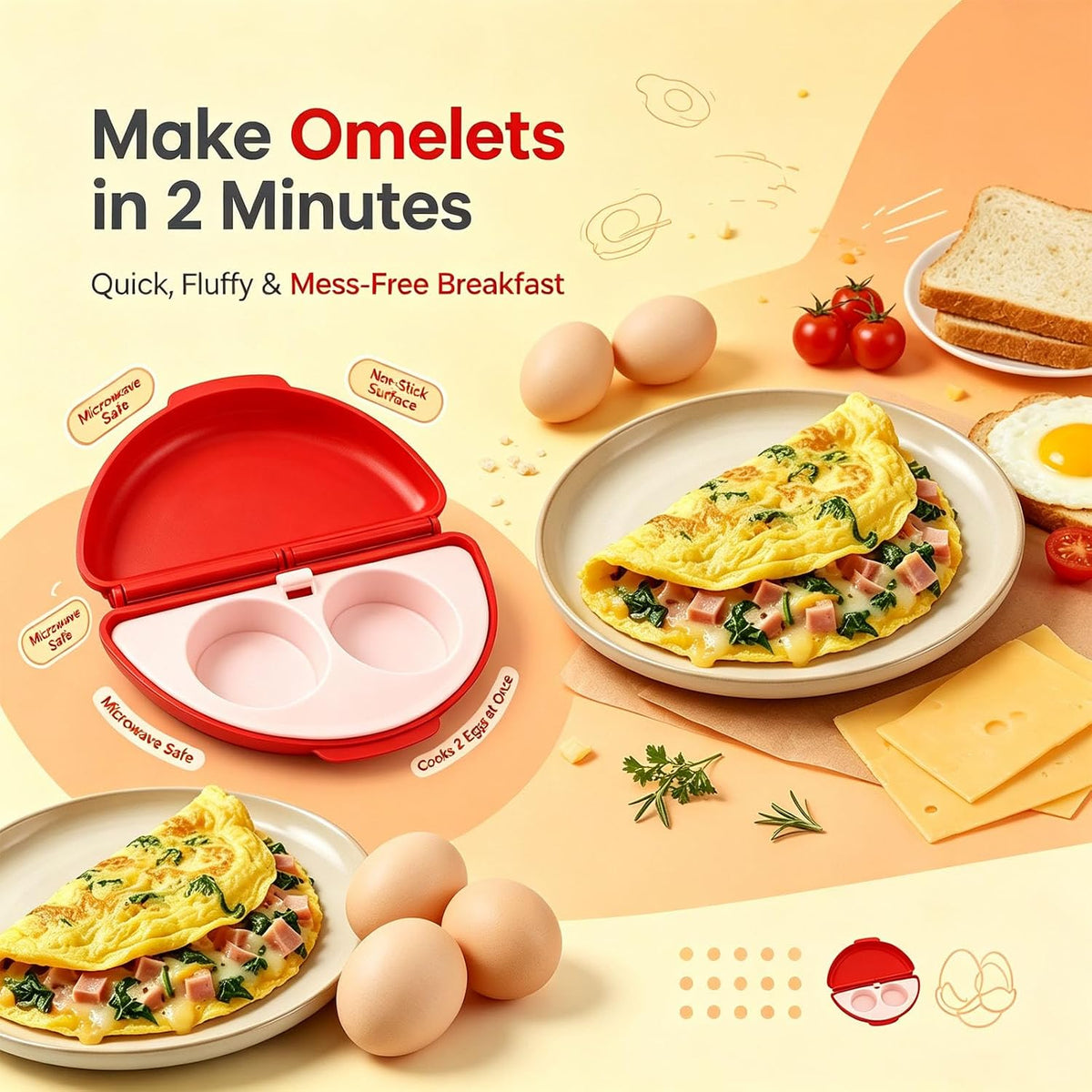 2-In-1 Microwave Omelette Maker & Egg Cup Cooker with Removable Tray，A+B