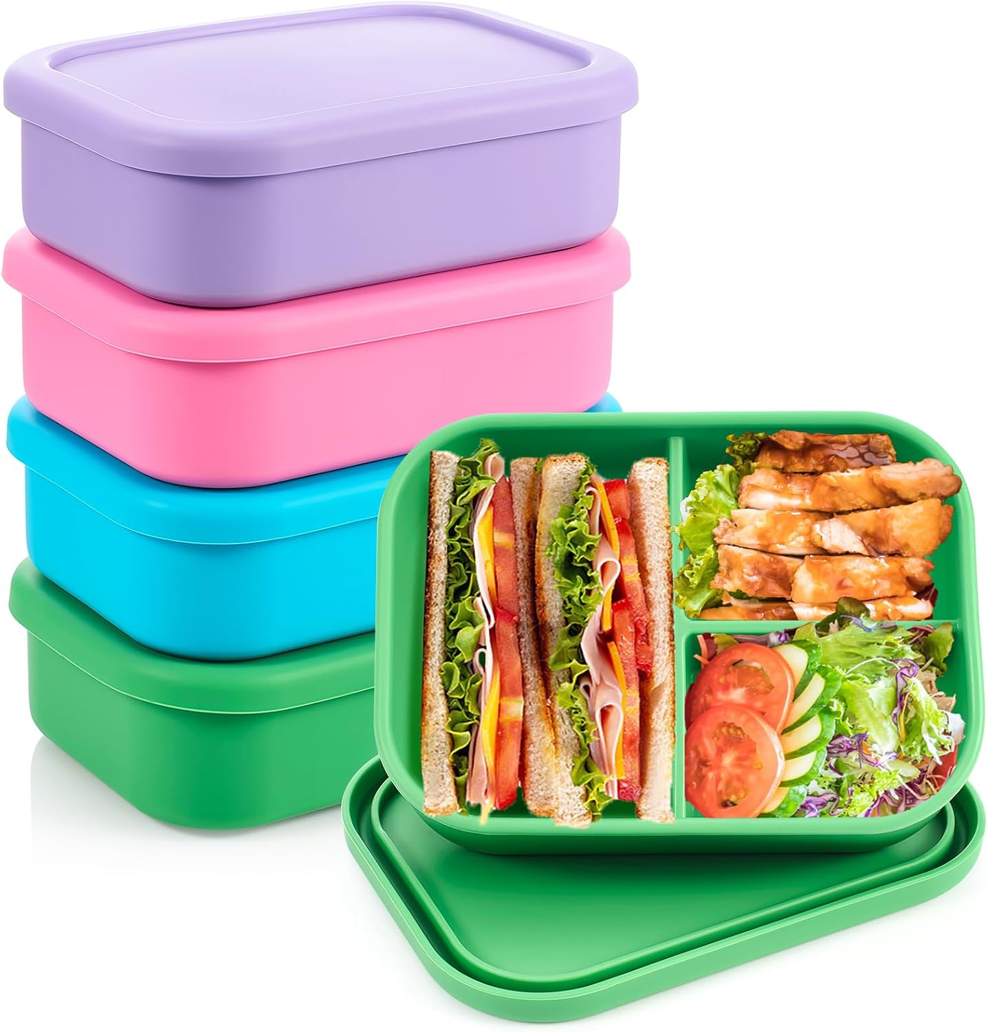 Layhit 4 Pcs Silicone Bento Box for Adults, 27 oz Bento Lunch Container Reusable 3 Compartment Lunchable Food Container for Women Men, Leak Proof Microwave Dishwasher Freezer Safe (Cool Colors)