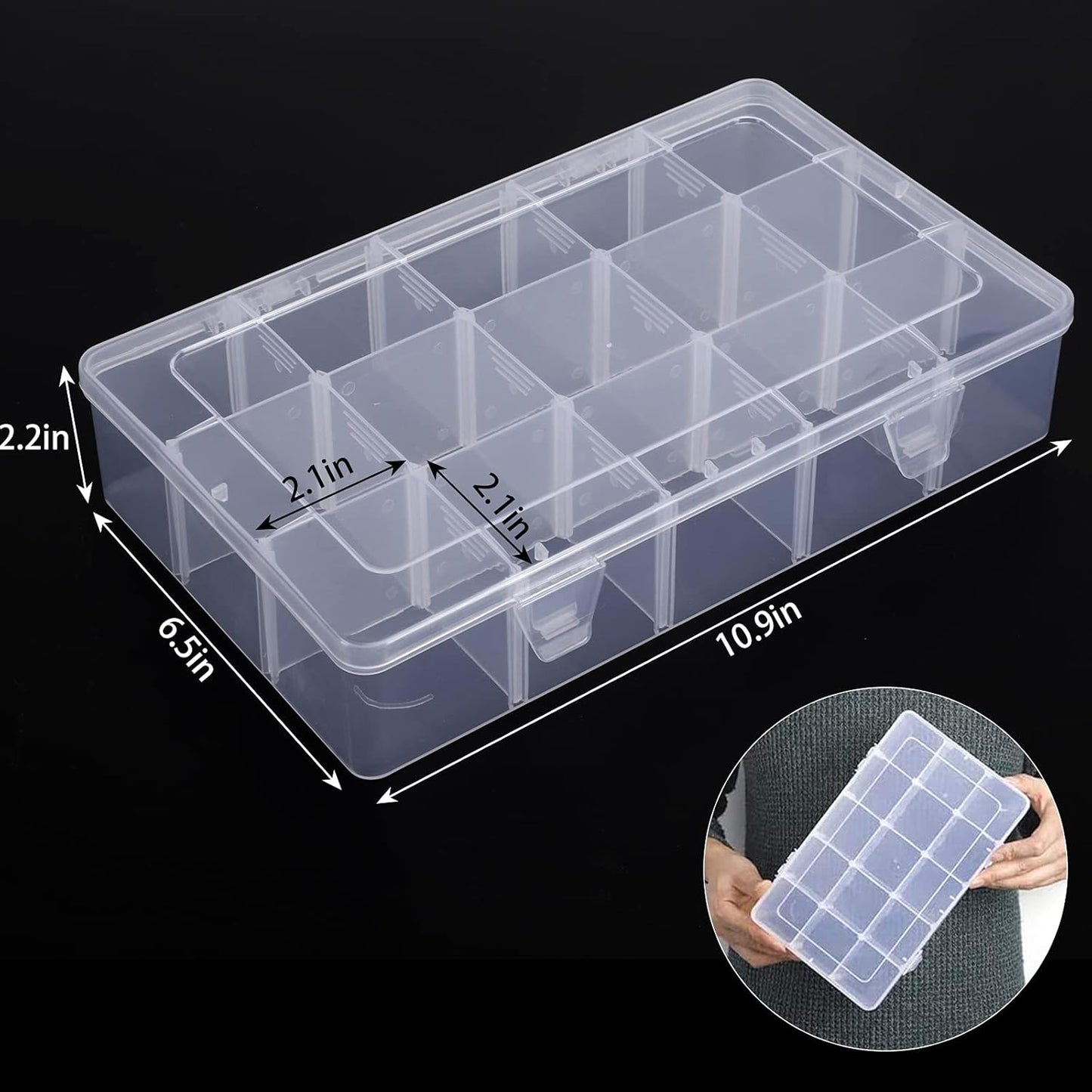 SGHUO 3 Pack 15 Grids Large Plastic Storage Organizer Box,15 Compartments with Dividers for Tackle Box, Beads, Washi Tape, Ribbon, Crafts, Art Supply 10.9X6.5X2.2inch