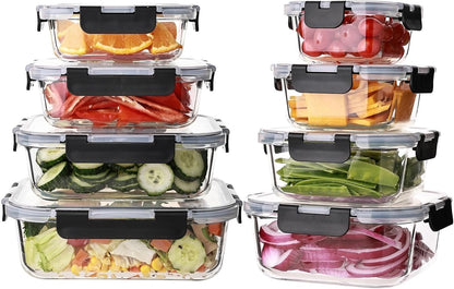 Wells Glass Meal Prep Containers, 8 Pack Glass Food Storage Containers Set with Airtight Locking Lids for Lunch, Fridge, Freezer, Dishwasher Safe, BPA-Free, Clear