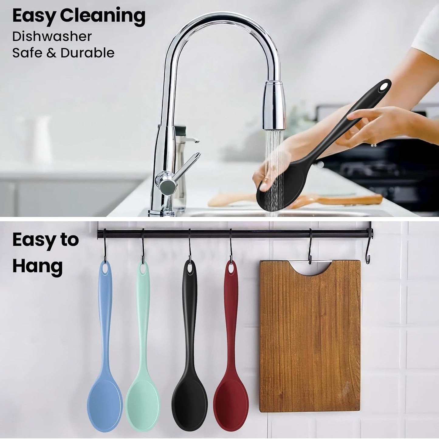 GEEKHOM Silicone Cooking Spoons, 4 Pieces 8" Heat Resistant Silicone Kitchen Utensils Set Serving Stirring Spoons for Non Stick Cooking, Mixing, Basting, Baking, Black+Red+Gray+Blue