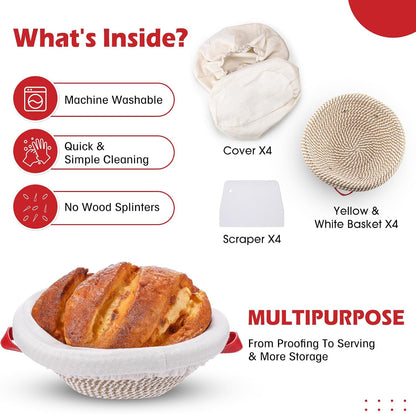Gejoy 4 Set Banneton Bread Proofing Baskets Bulk with Liner Scraper Handle