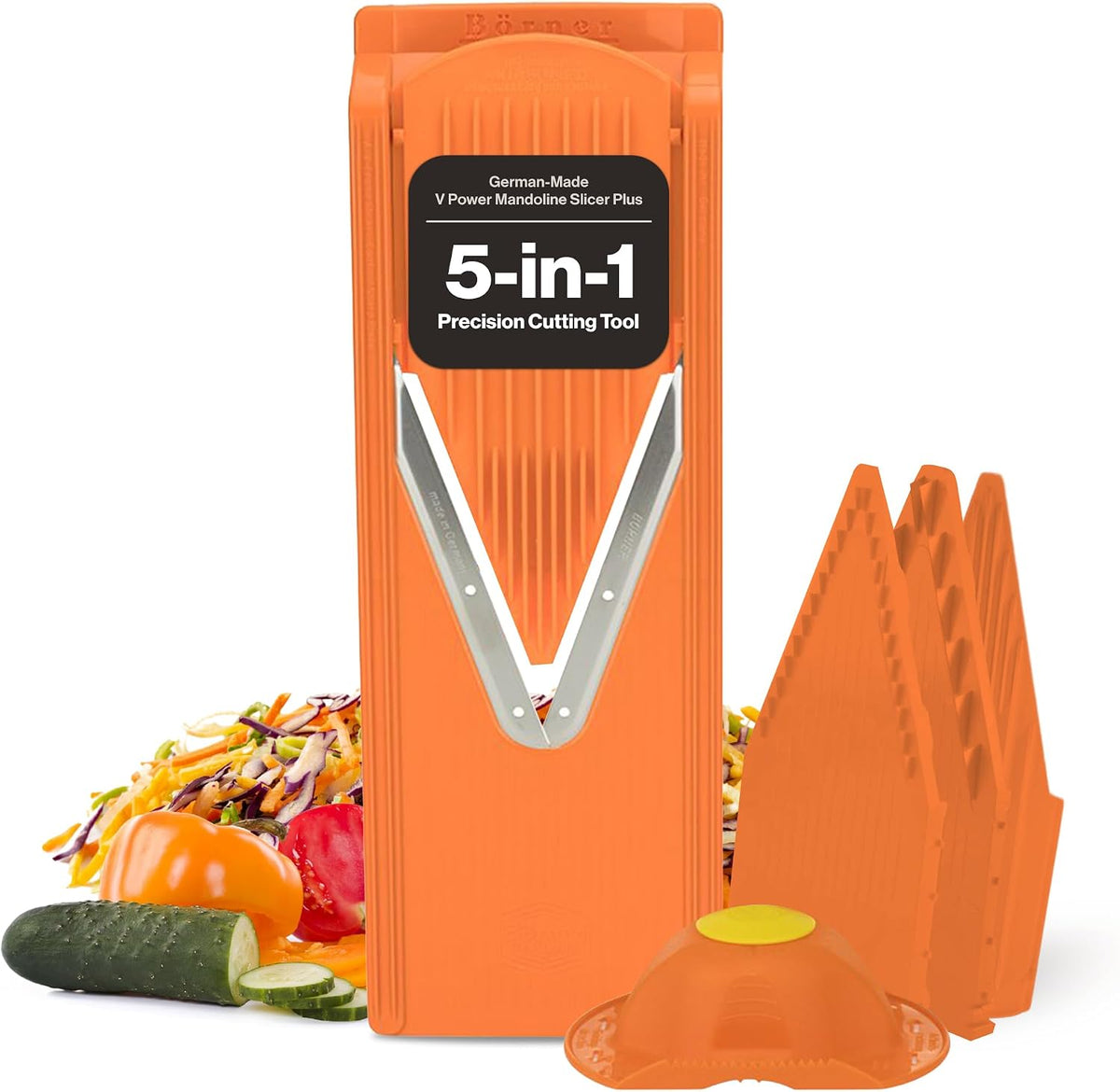 Swissmar Borner V-Slicer Plus Mandoline 5-Piece Set – Professional Kitchen Utensil with Adjustable Inserts – Cuts Potatoes, Cucumbers, Chips & More – Vegetable Slicer with Safety Holder - Orange