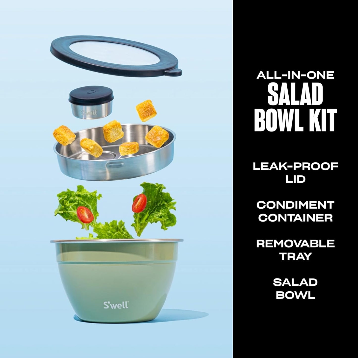 S'well Stainless Steel Salad Bowl Kit 64oz, Peacock Blue, Comes with 2oz Mini Canister and Removable Tray for Organization, Leakproof, Easy to Clean, Dishwasher Safe