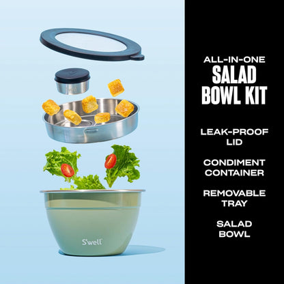 S'well Stainless Steel Salad Bowl Kit 64oz, Peacock Blue, Comes with 2oz Mini Canister and Removable Tray for Organization, Leakproof, Easy to Clean, Dishwasher Safe