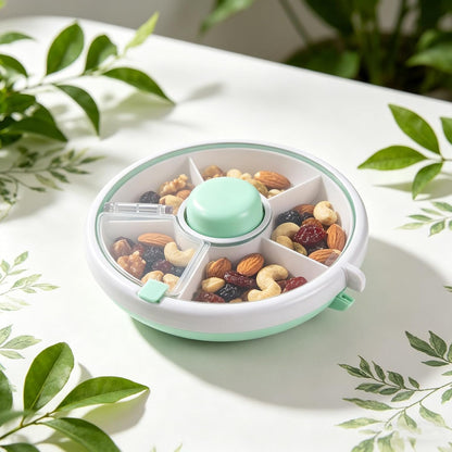 Compartmentalized Snack Tray with Lid, Portable Rotating Kids Snack Container for Dry Fruits, Candies, Crackers, Great for Picnics, Travel, Parties Pink