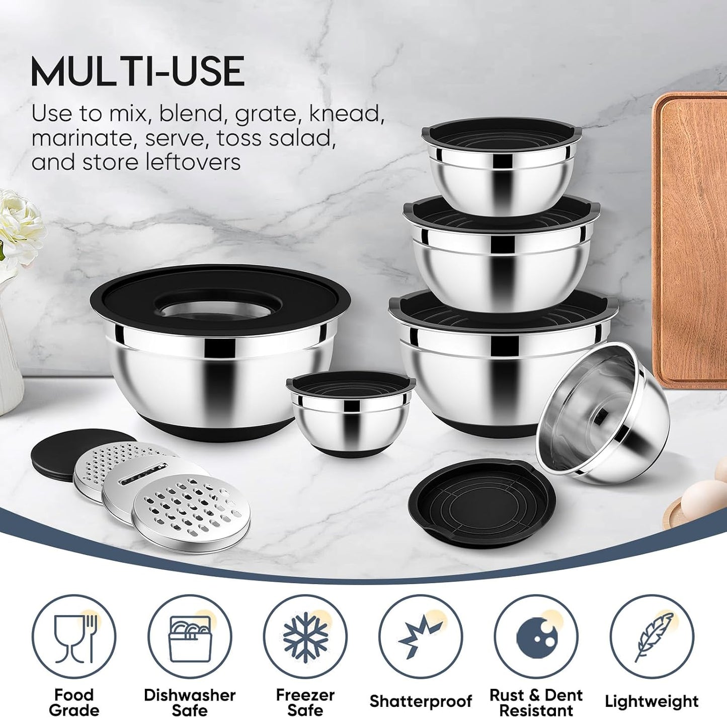 E-far 25PCS Mixing Bowls with Lid Set, Stainless Steel Nesting Prep Bowls with Grater Attachments Non-Slip Bottoms for Cooking, Serving, Food Storage, 4.6/2.6/2/1.5/1/0.7QT - Khaki