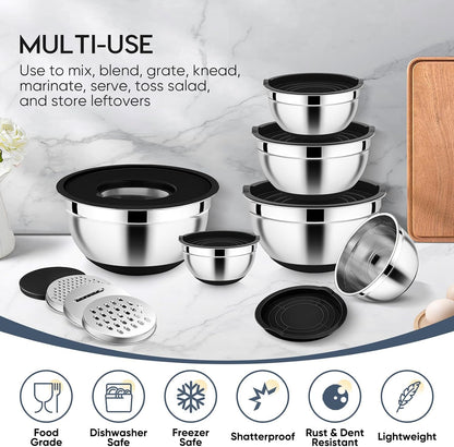 E-far 25PCS Mixing Bowls with Lid Set, Stainless Steel Nesting Prep Bowls with Grater Attachments Non-Slip Bottoms for Cooking, Serving, Food Storage, 4.6/2.6/2/1.5/1/0.7QT - Khaki