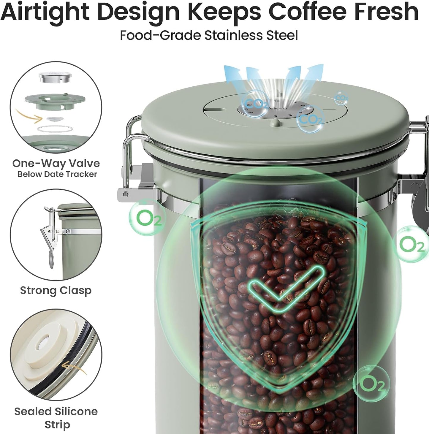 Veken Coffee Canister with Window, Family Choice Awards Winner, Airtight Stainless Steel Home Kitchen Food Storage Container with Lids for Grounds, Beans, Tea, Flour,Cereal,Sugar Jars,Scoop,16OZ,Black