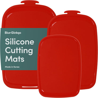 Blue Ginkgo Silicone Cutting Boards – Set of 3 (Small, Medium, Large) – Double-Sided, Thick, Flexible, Non-Slip, BPA Free – Juice Grooves, Dishwasher Safe (Made in Korea, Grey)