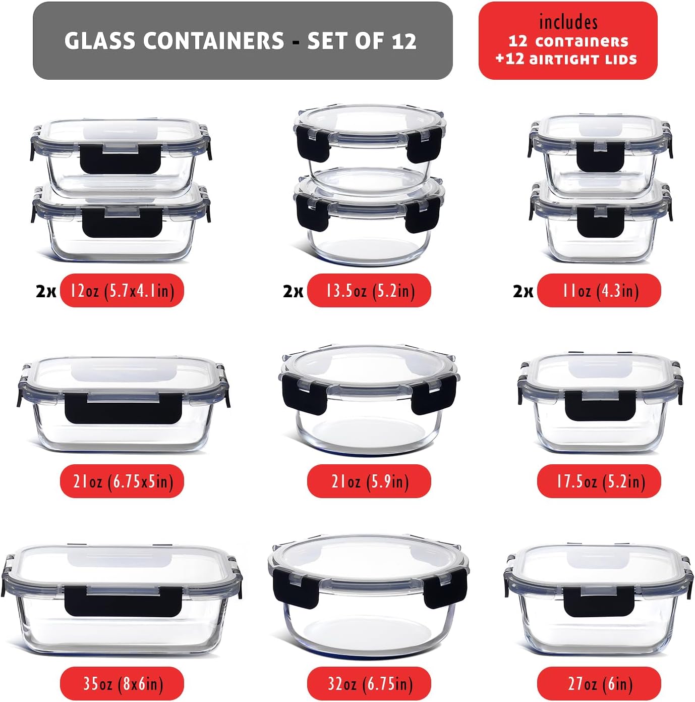 EATEX 48pc Glass Storage Containers with Lids, 24 Set Glass Food Storage Containers with 24 Airtight Lids, Pantry Kitchen Meal Prep Containers for Lunch, Freezer Storage Containers, Dishwasher Safe