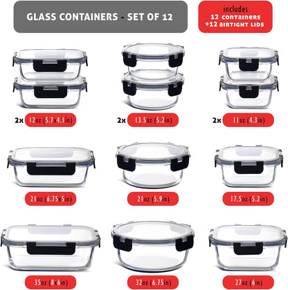 Nestl 24pc (12 Airtight, Freezer Safe Food Storage Containers and 12 Lids), Pantry Kitchen Storage Containers, Glass Meal Prep Container for Lunch, Glass Storage Containers with Lids Black