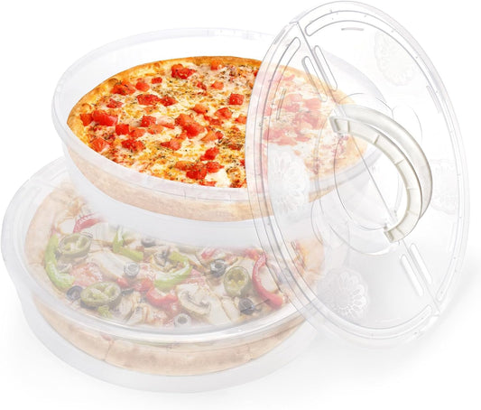 Lawei 2 Pack 12 Inch Food Storage Container with Lid and Handle, 2 Compartment Leak-Proof Pie Carrier & Pizza Keeper, Reusable Pizza Storage Container for Cake, Cheesecake, Tortilla, Picnic, Pastry