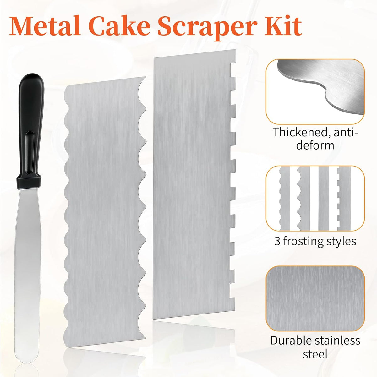 Cake Scraper Set 3PCS, Stainless Steel Flat Convex Wave with Icing Spatula