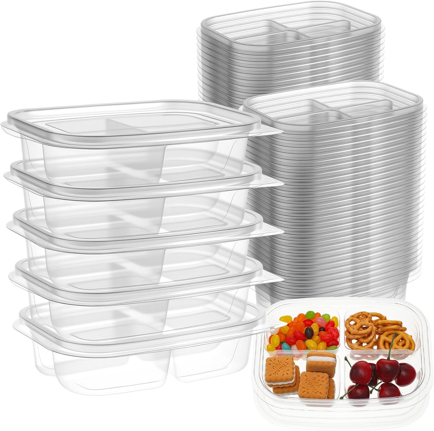 Chunful 36 Pcs 3 Compartment Transparent Snack Containers with Lids Disposable Bento Box Plastic Food Meal Prep Containers for Condiment Salad Dipping School Work Lunch