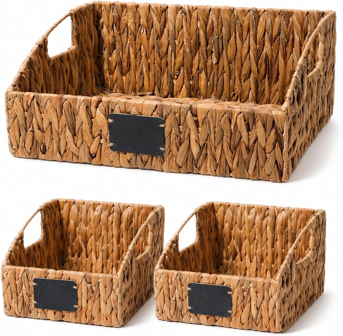 Water Hyacinth Storage Baskets Set of 3 with Chalkboard Labels — Wicker Pantry Organizer Baskets for Kitchen Shelves, Laundry Room, Bathroom & Bedroom — Woven Snack & Produce Storage Bins