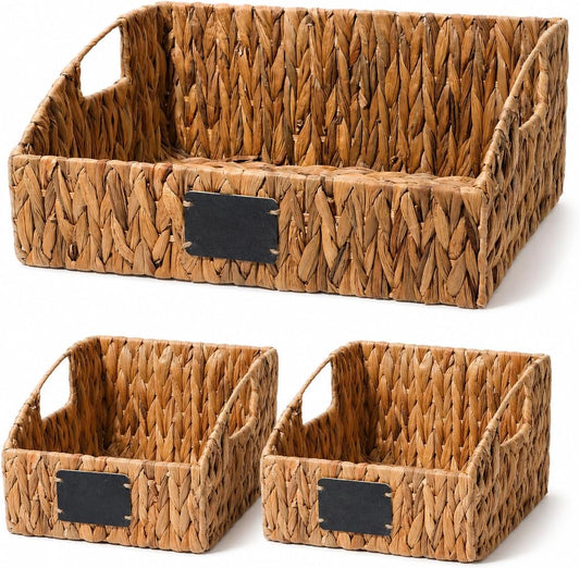 Water Hyacinth Storage Baskets Set of 3 with Chalkboard Labels — Wicker Pantry Organizer Baskets for Kitchen Shelves, Laundry Room, Bathroom & Bedroom — Woven Snack & Produce Storage Bins