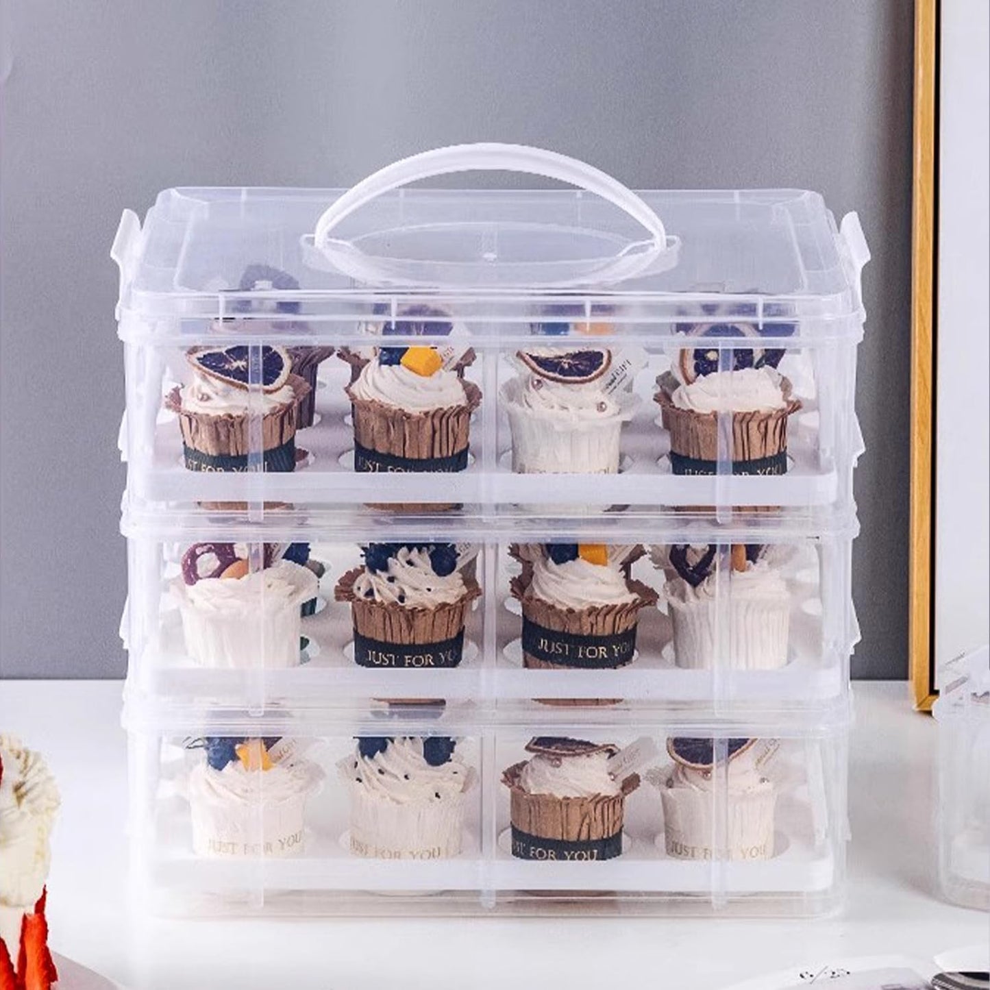Cupcake Carrier Stackable Storage Container Collapsible Cake Carrier with Lid and Handle, with 50 PCS Cupcake liners,Reusable Plastic Dessert Travel Container,Transport Box (48 Cupcakes White)