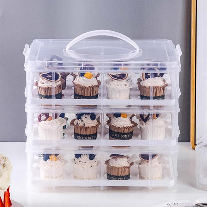 Cupcake Carrier Stackable Storage Container Collapsible Cake Carrier with Lid and Handle, with 50 PCS Cupcake liners,Reusable Plastic Dessert Travel Container,Transport Box (48 Cupcakes White)