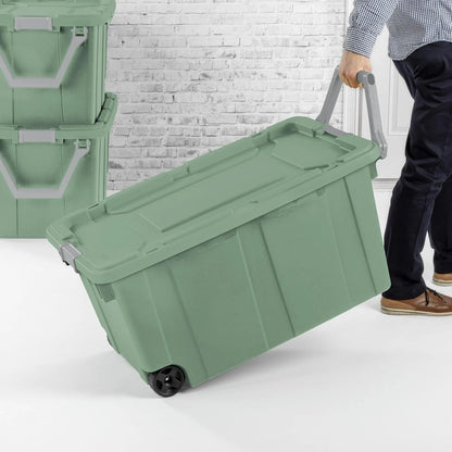 40 Gallon Wheeled Industrial Tote, Rugged Plastic Storage Bin, Latch Lid, Light Green, 2 Count