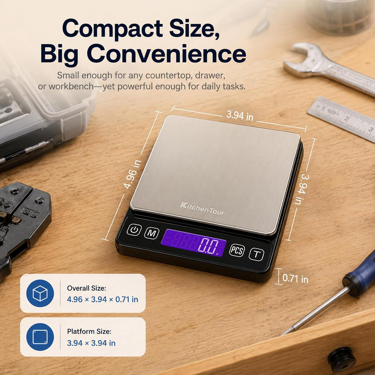 KitchenTour Mini Gram Scale for Coffee, Jewelry and Small Items, 500g x 0.01g Digital Pocket Scale with Tare, 6 Units, Back-Lit LCD, 2 Trays, Black