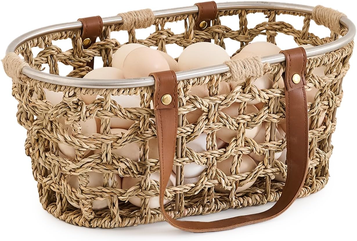 Egg Baskets for Collecting Fresh Eggs Farmhouse Handmade Wicker Hyacinth Egg Collecting Basket with Handle