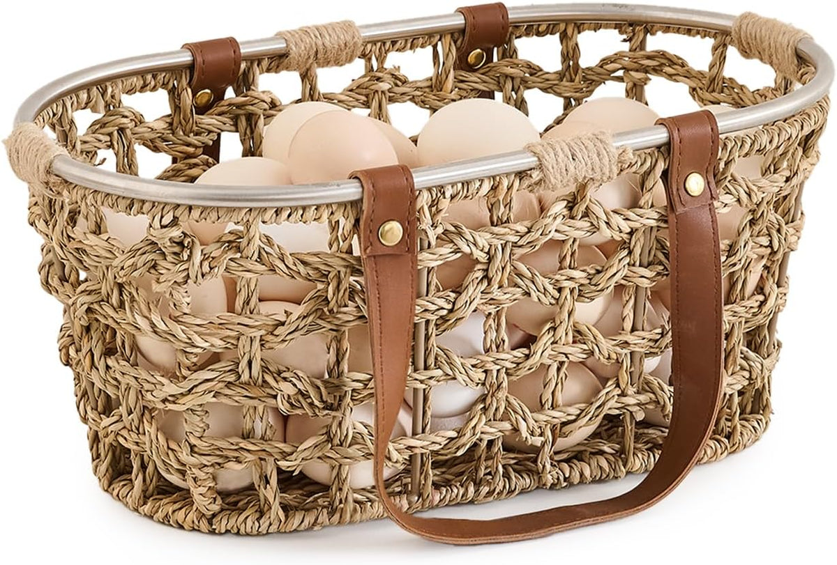 Egg Baskets for Collecting Fresh Eggs Farmhouse Handmade Wicker Hyacinth Egg Collecting Basket with Handle