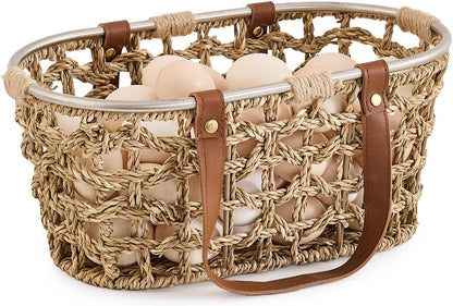 Egg Baskets for Collecting Fresh Eggs Farmhouse Handmade Wicker Hyacinth Egg Collecting Basket with Handle