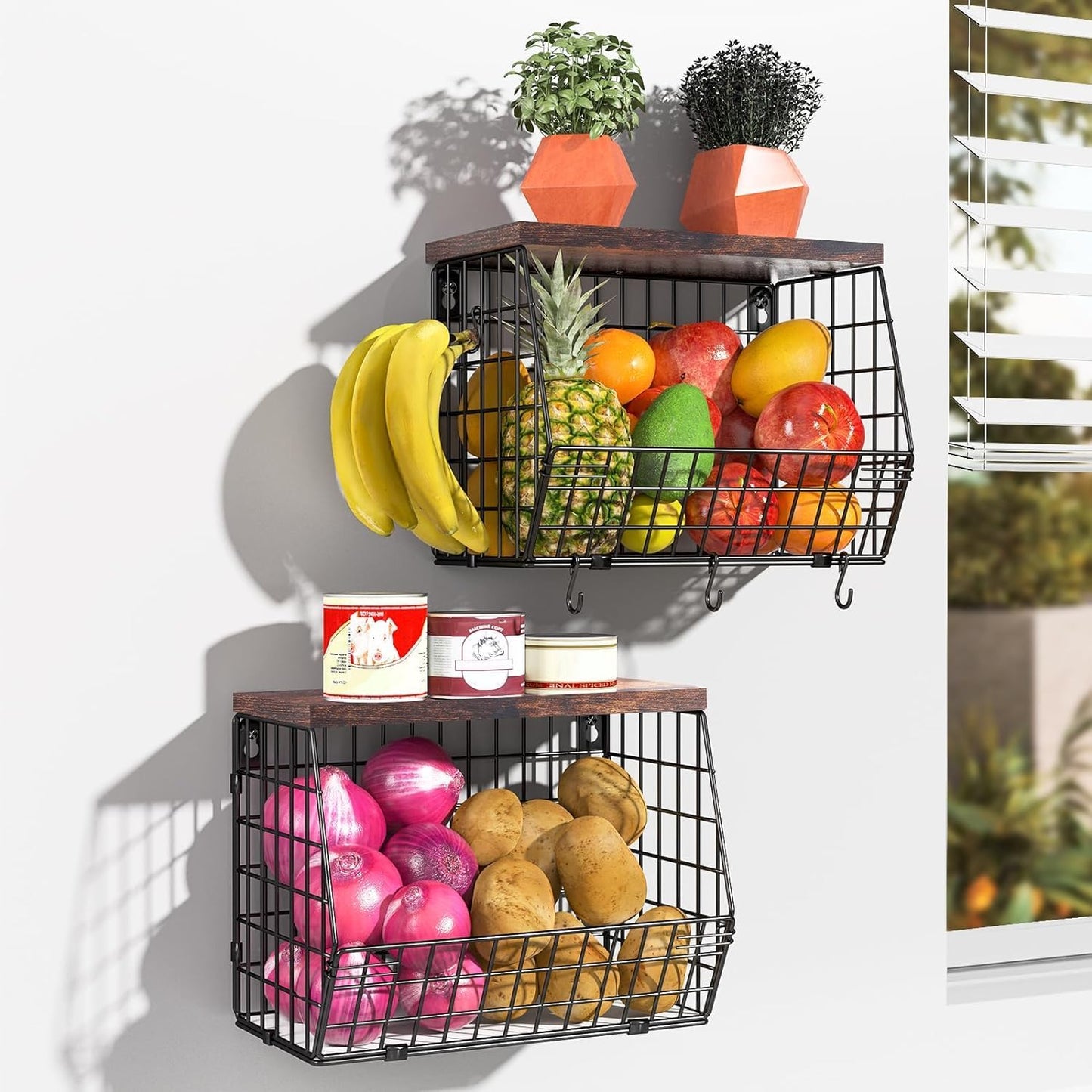 White Fruit Bowl Wire Basket Storage Pantry Fruit and Vegetable Storage Fruit Basket for Kitchen Counter Stackable Wall Mounted Hanging Basket Wire Basket with Wood Lid with Hanger Hooks