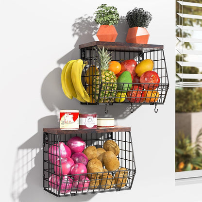 White Fruit Bowl Wire Basket Storage Pantry Fruit and Vegetable Storage Fruit Basket for Kitchen Counter Stackable Wall Mounted Hanging Basket Wire Basket with Wood Lid with Hanger Hooks