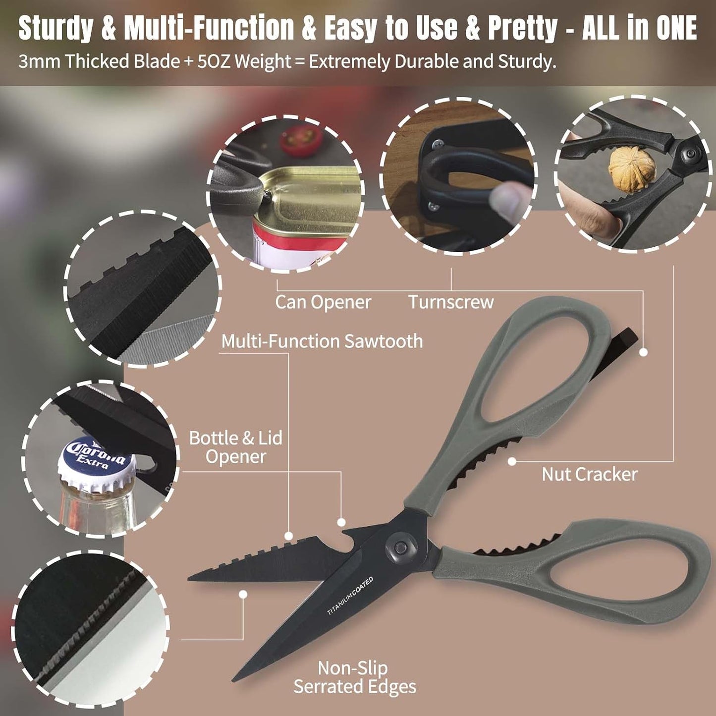 Kitchen Scissors All Purpose, Extra Sharp Kitchen Shears with Knife Sharpener & Sheath, Solid & Durable Stainless Steel Scissors with ANTI-RUST Black Titanium Plated, Dishwasher Safe - Black