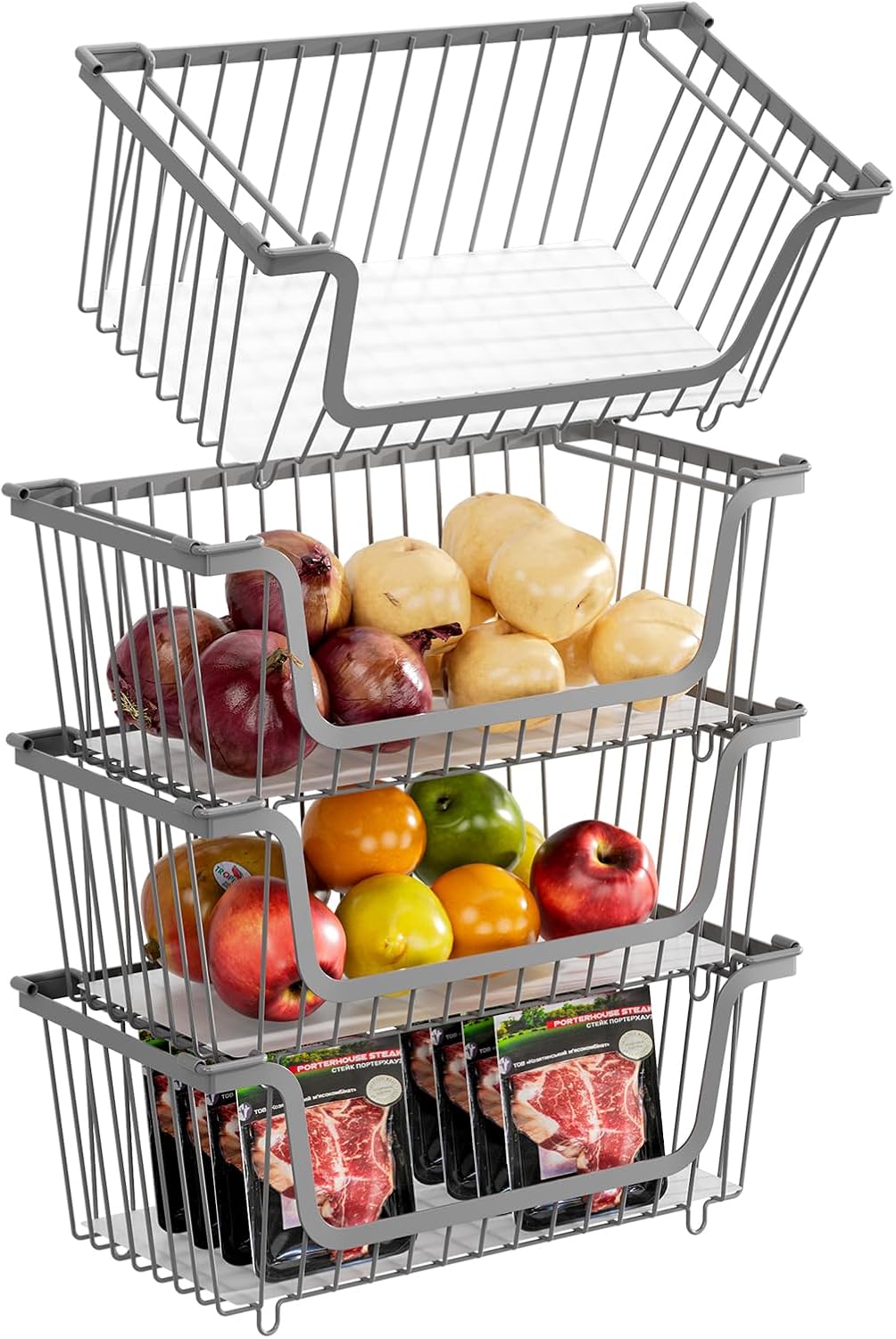 GAOKASE 4 Pcs Stackable Wire Baskets for Pantry Organizers and Storage,Vegetable Fruit Basket for Countertop,Kitchen Storage Metal Baskets,Produce Potato Onion Storage Bin-Black