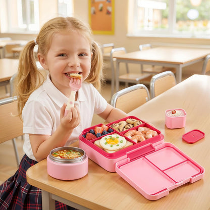 Bento Box Set with 9.5oz Soup Thermo Kids Leak-proof Lunch Box Container with 4 Compartment Stainless Steel Insulated Hot Food Jar with Bag for School Travel - Pink