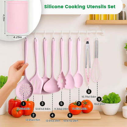 LOVEINUSA 10-Piece Silicone Kitchen Utensils Set with Holder - Pink Non-Stick Cooking Tools, 446°F Heat Resistant Spatula Set, Dishwasher Safe