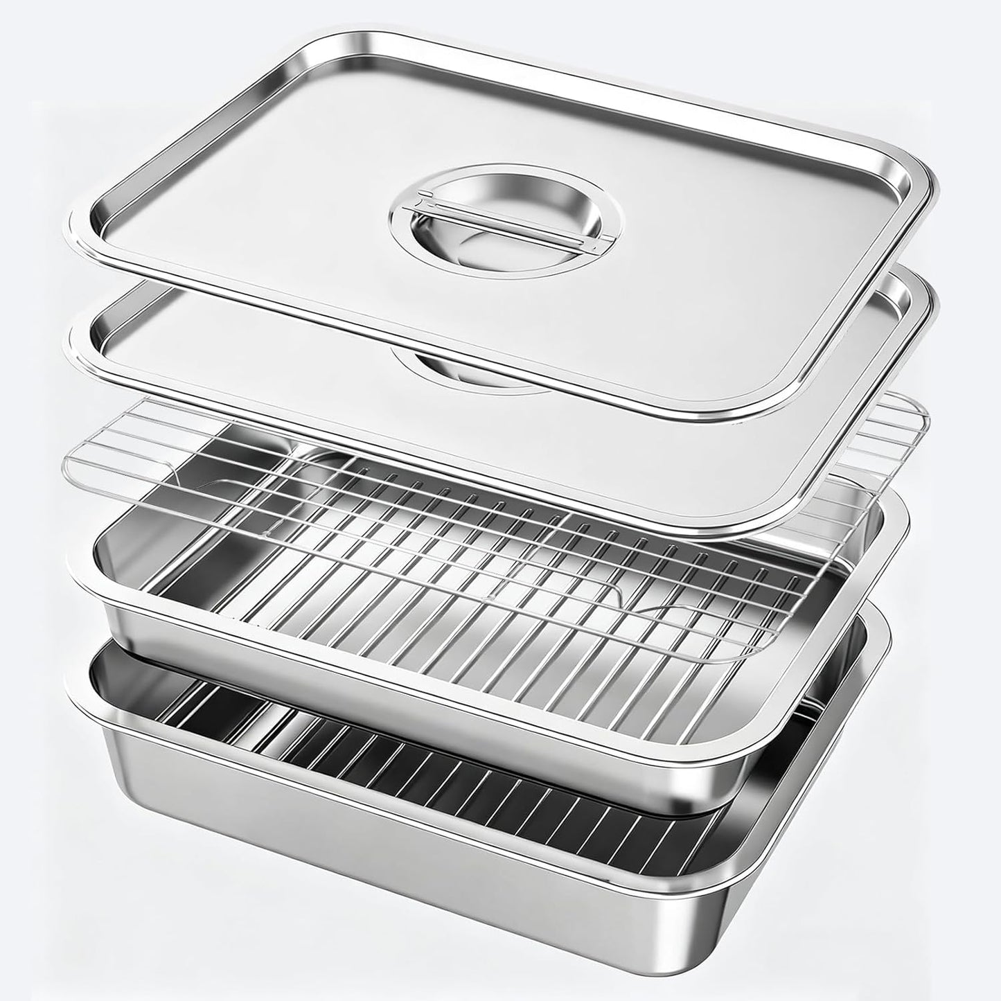 Grill Prep & Serve Tray Set with Lids, 5-Piece Food Prep System for Marinating, Carrying & Serving, Stainless Steel BBQ Trays for Raw & Cooked Food Separation (Rack Included)