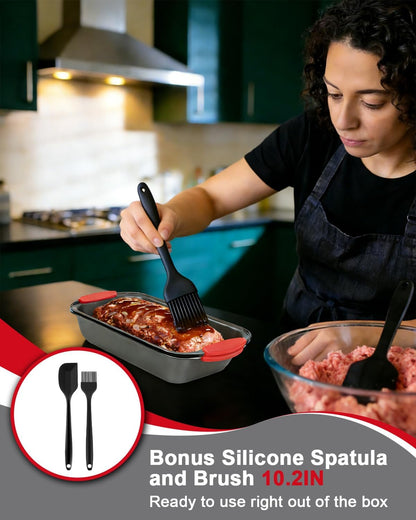 Meatloaf Pan with Drain Tray, 2 Piece Set Meat Loaf Pan with Silicone Grip and Spatula & Basting Brush, Carbon Steel with Nonstick Coating, Oven Safe to 450°F, Versatile for Bread, Roasts, Cakes