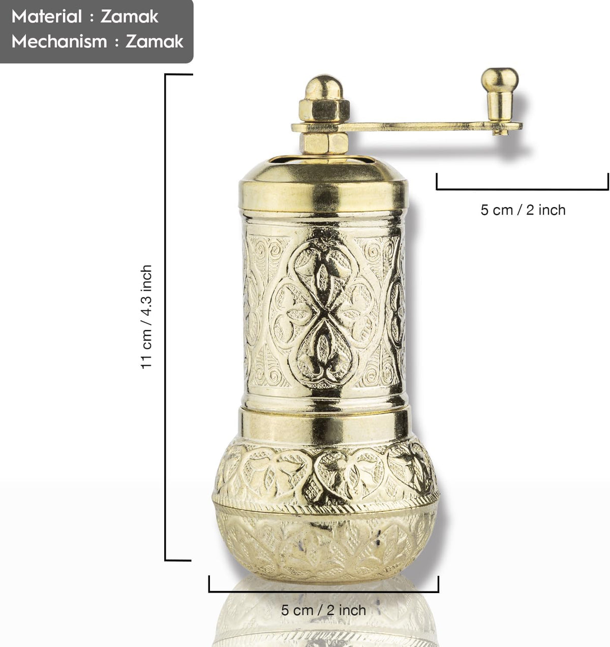 Handmade Decorative Black Pepper Grinder, Zamak Conical Burr, Refillable Turkish Spice Mill Manual Pepper Mill with Handle, Spice Grinder Metal with Hand Crank 11 cm-4.3 inch