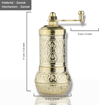Handmade Decorative Black Pepper Grinder, Zamak Conical Burr, Refillable Turkish Spice Mill Manual Pepper Mill with Handle, Spice Grinder Metal with Hand Crank 11 cm-4.3 inch