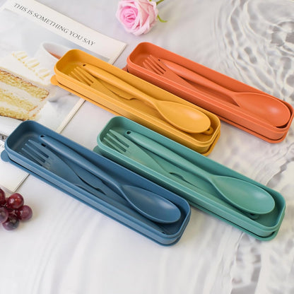 Reusable Utensils Set with Case, 4 Sets Wheat Straw Travel Cutlery Set, Portable Spoon Knife Fork Chopsticks Lunch Box Utensil Set for Kids Adults